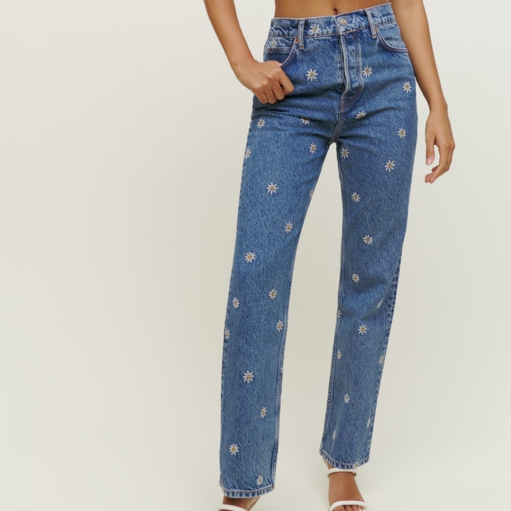 Reformation Cynthia Baltic Wash Embroidered Daisy Jean High Waist Denim 28 LY441